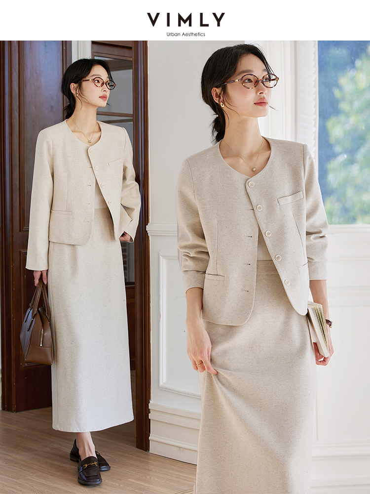 Crew Clothing Summer Jacket - VIMLY Oatmeal Linen Cropped Jacket Skirt