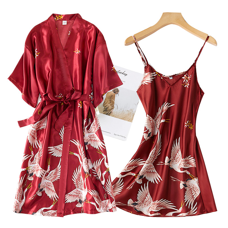 Summer House Clothing - Burgundy Women 2PCS Faux Silk Kimono