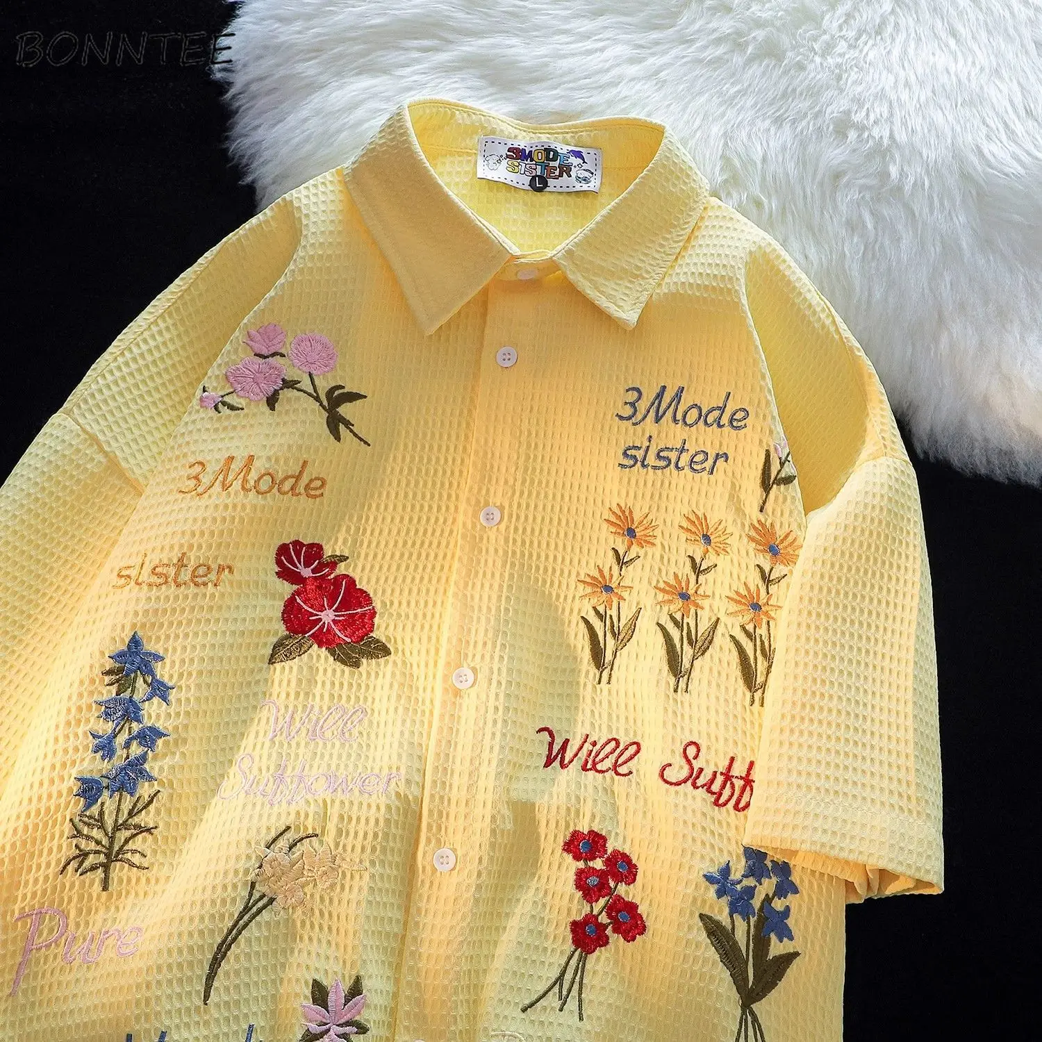 Waffle Floral Embroidery Shirt - Summer Holiday Clothing Women avis et prix