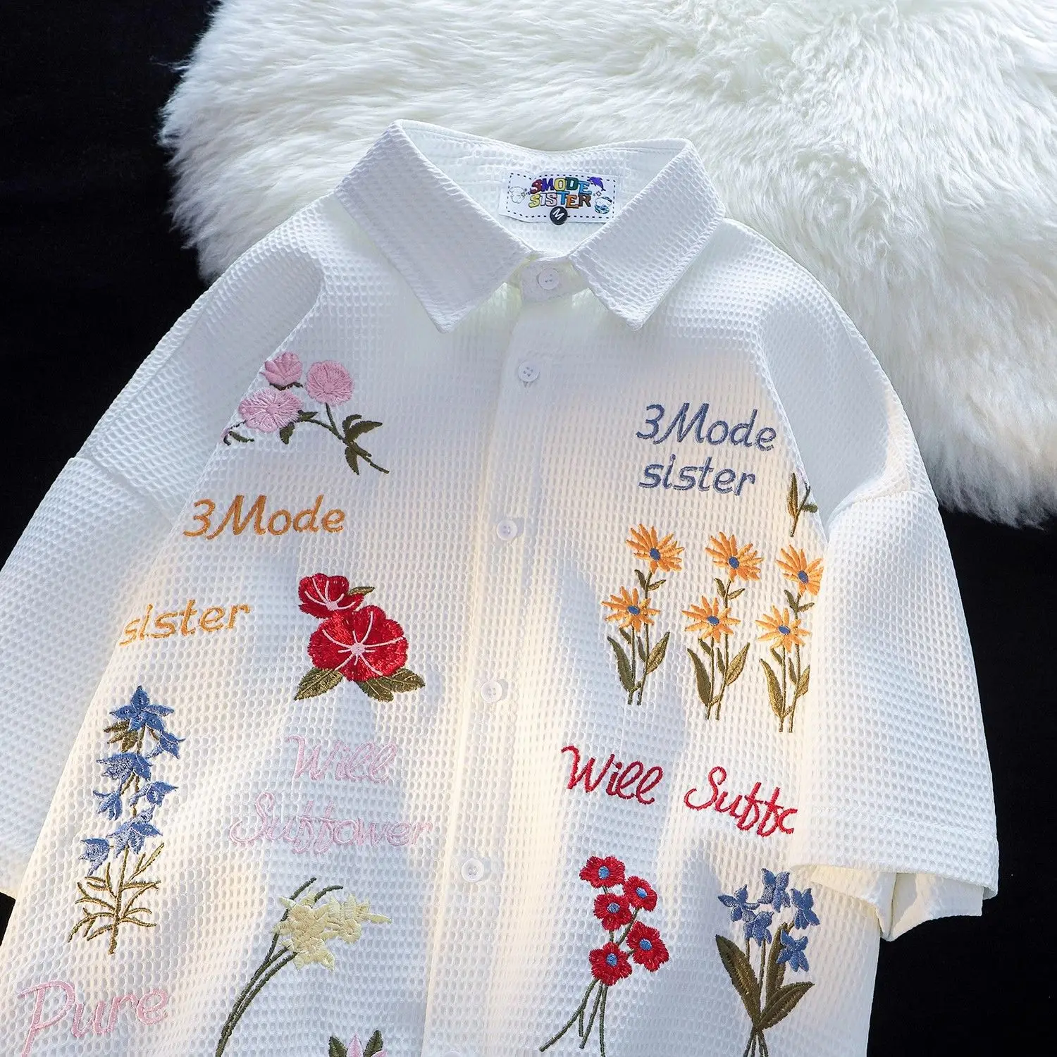 Waffle Floral Embroidery Shirt - Summer Holiday Clothing Women avis et prix