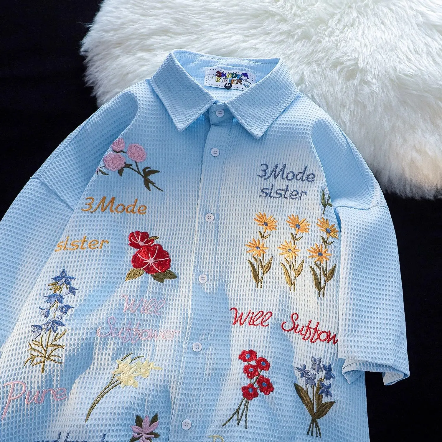 Waffle Floral Embroidery Shirt - Summer Holiday Clothing Women avis et prix