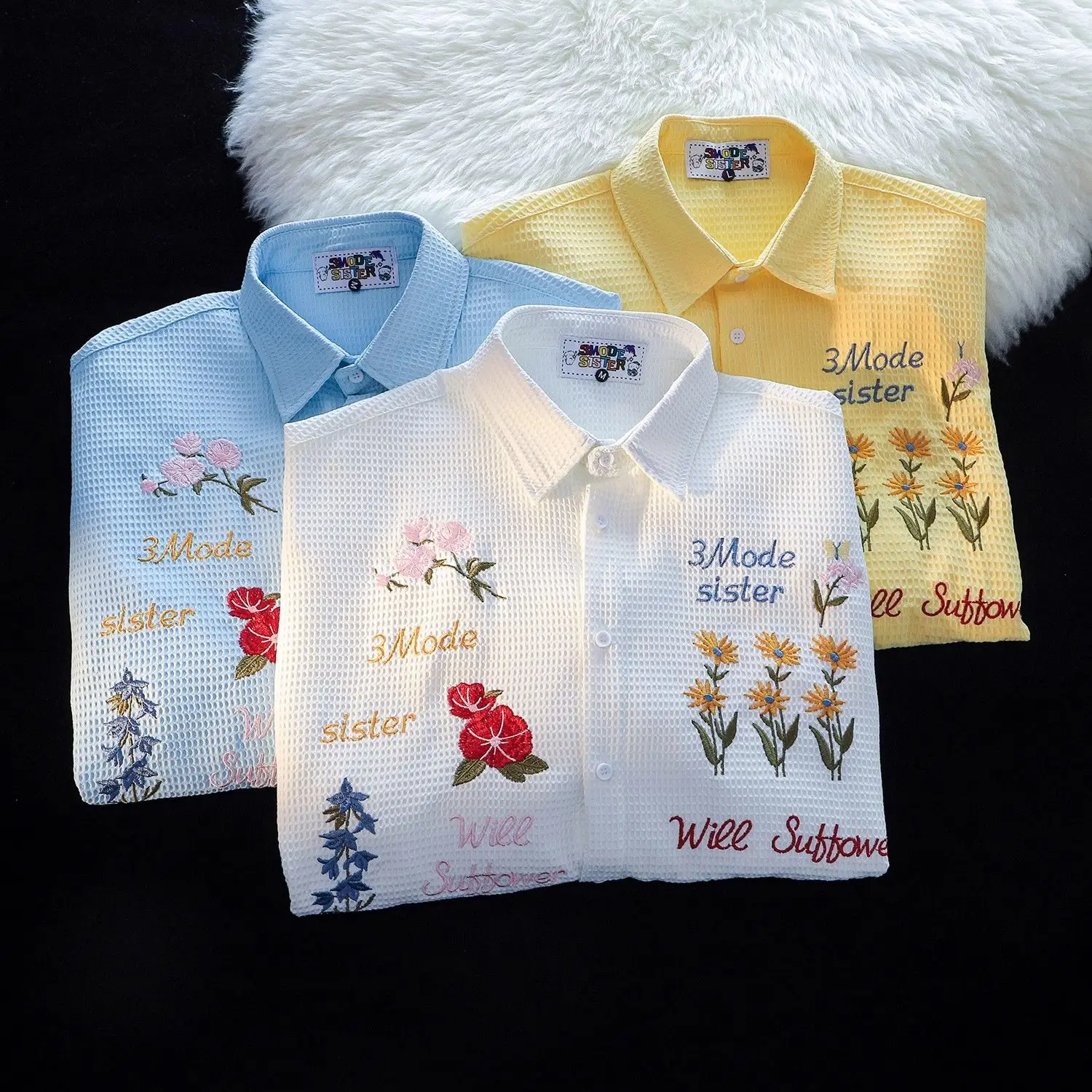 Waffle Floral Embroidery Shirt - Summer Holiday Clothing Women avis et prix