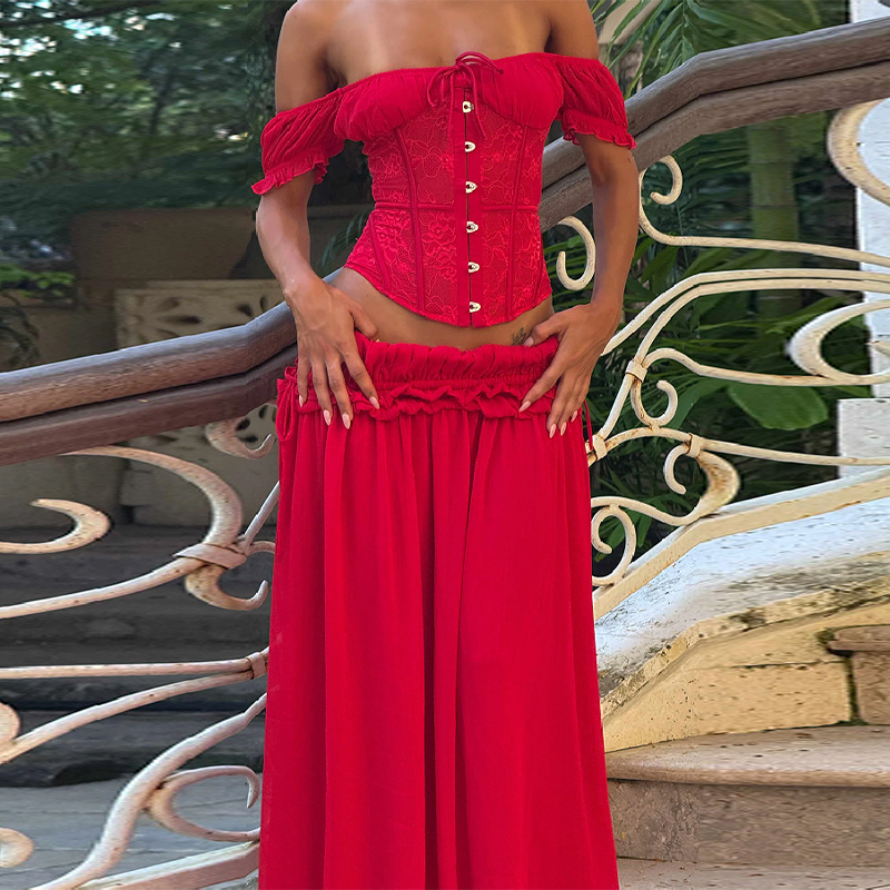 Chic Red Off Shoulder Corset T - Summer Clothing Vacation avis et prix