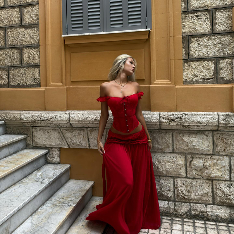Chic Red Off Shoulder Corset T - Summer Clothing Vacation avis et prix