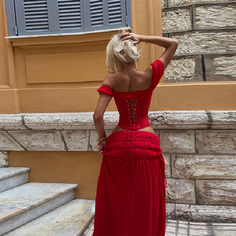 Chic Red Off Shoulder Corset T - Summer Clothing Vacation avis et prix