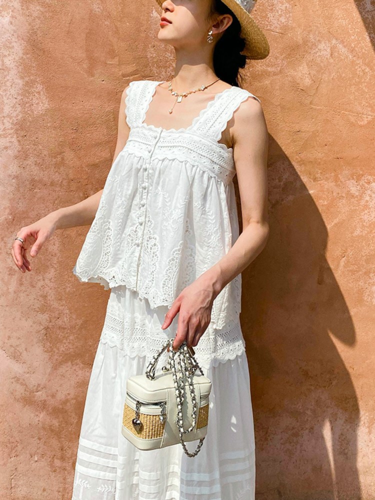 Bohemian White Square-neck Ves - Summer Clothing Vacation avis et prix